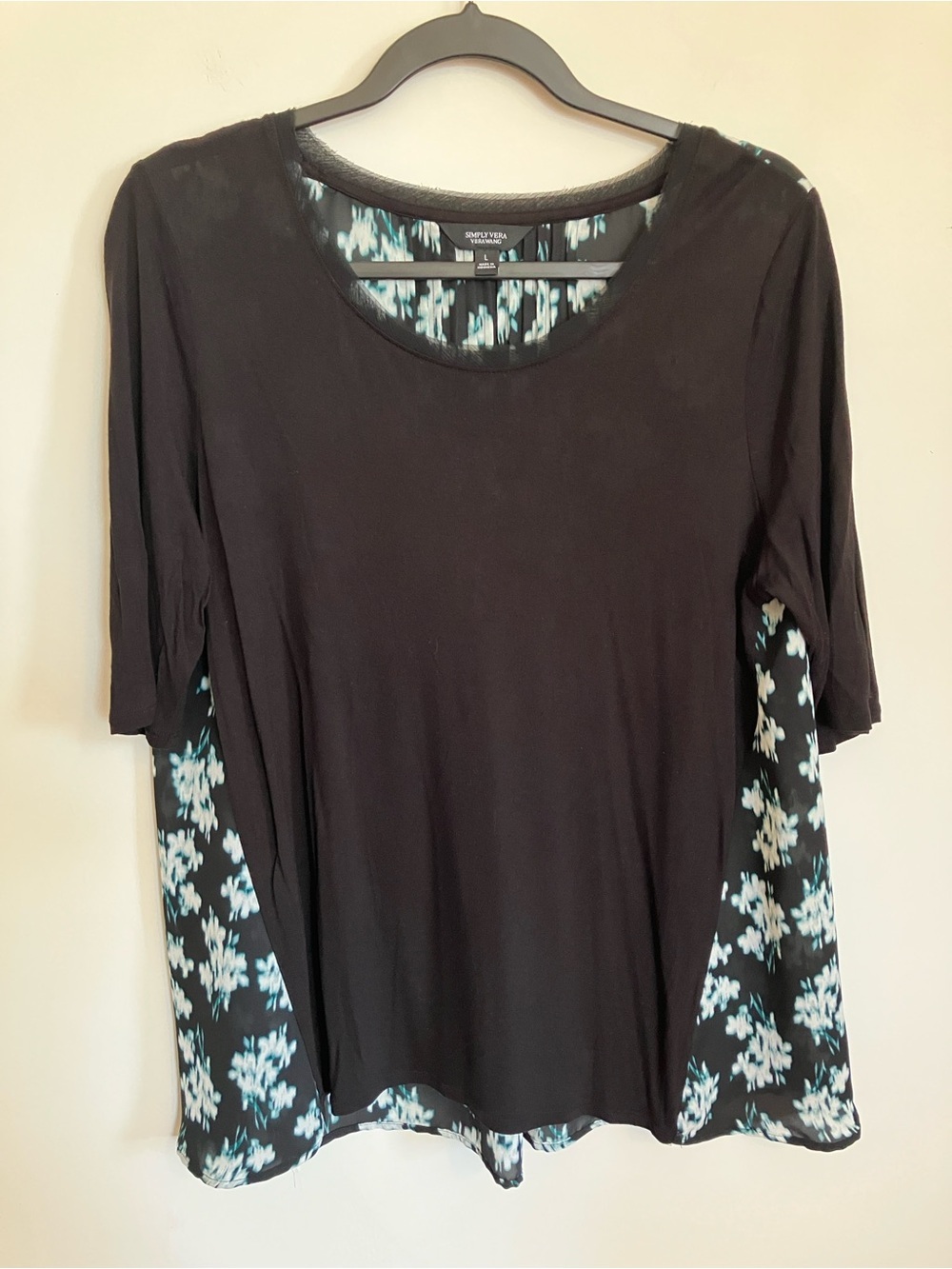 Simply Vera Vera Wang Black Short-Sleeve Top with Teal Floral Panels